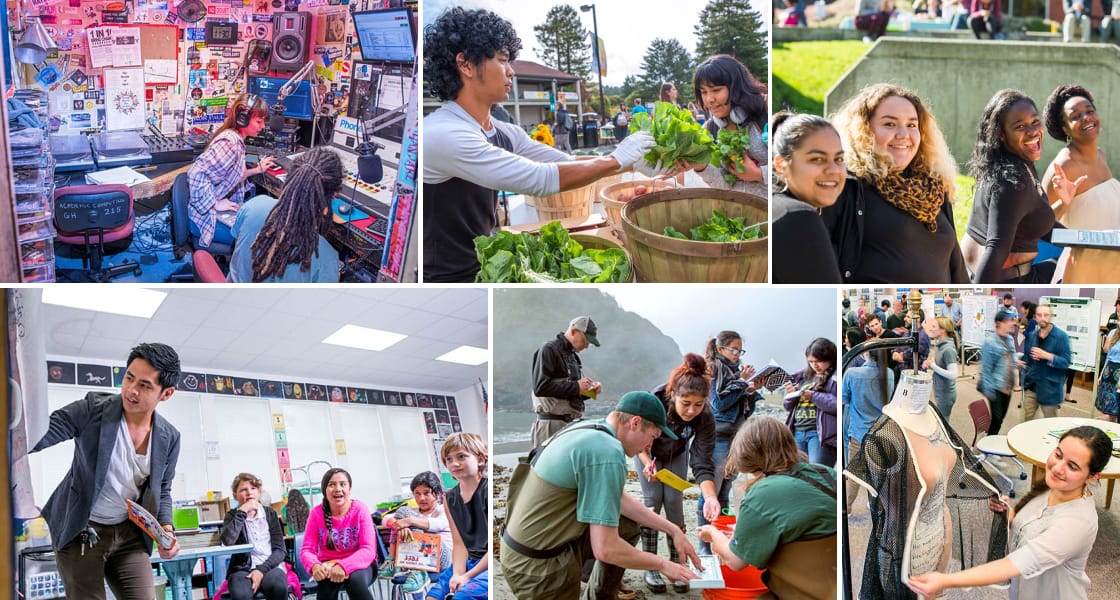 Two students in radio studio; student at farmers market, residence halls move-in day, teaching elementary students; fisheries majors on a fieldtrip, Ideafest costume design