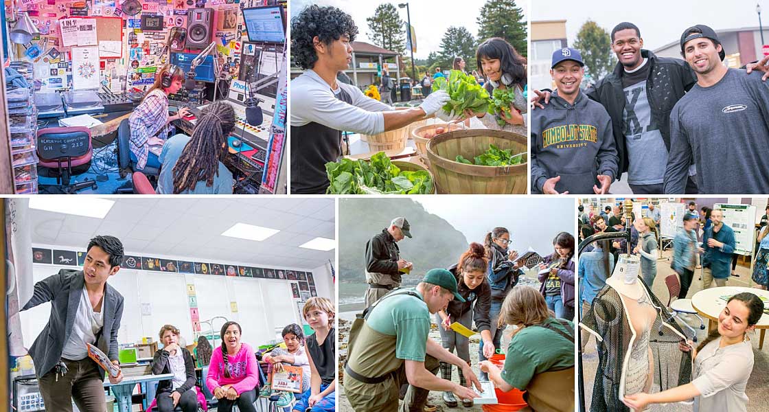 Two students in radio studio; student at farmers market, residence halls move-in day, teaching elementary students; fisheries majors on a fieldtrip, Ideafest costume design